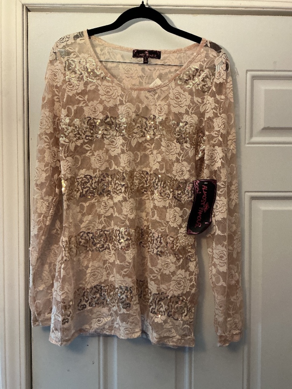 Almost Famous Sequin and Lace Sand Long Sleeve Shirt Blouse Size XL Junior